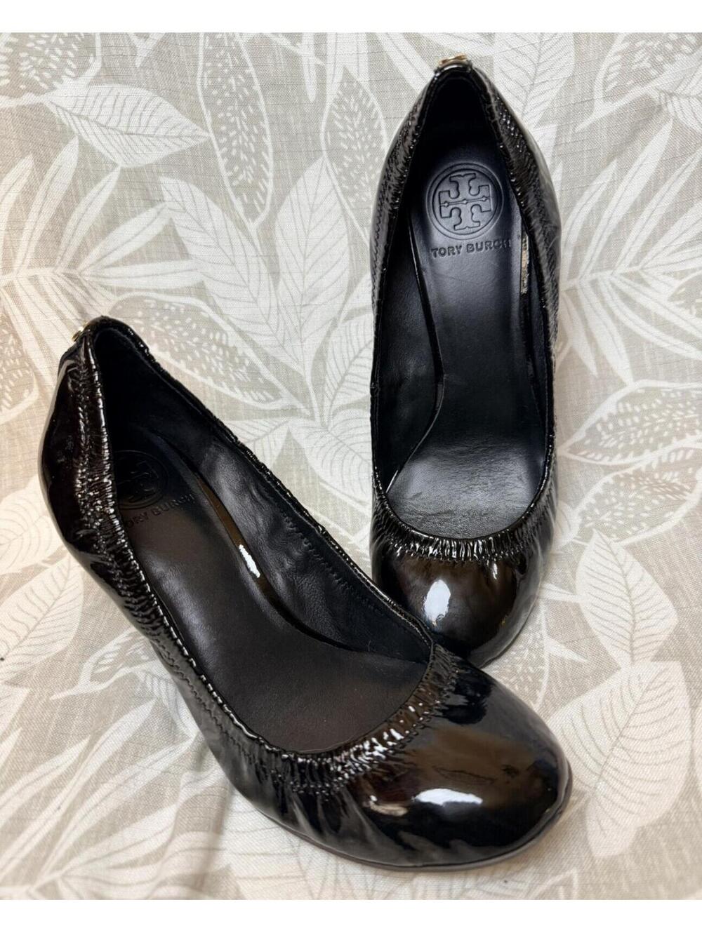 Tory Burch Eddie Black Patent Leather Wedges 8M